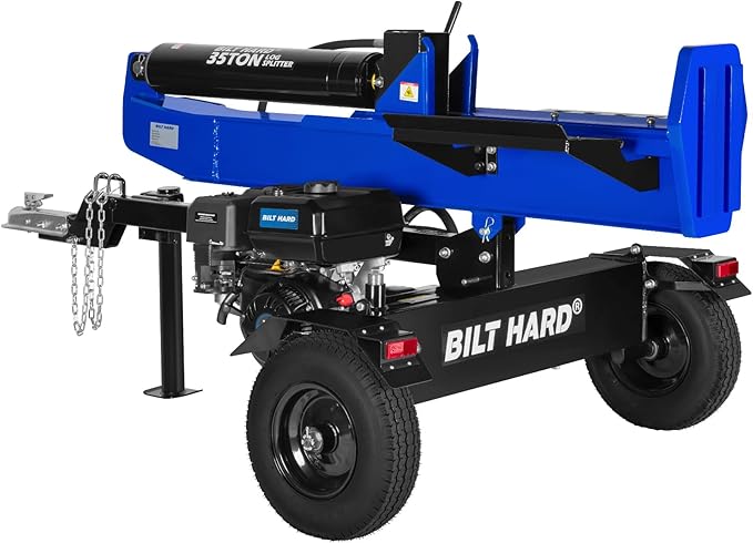 BILT HARD 35-Ton Horizontal/Vertical Gas Powered Hydraulic Full Beam Log Splitter with 301cc OHV Engine, 2" Ball Coupler, 16" DOT Tires, 2 Stage Gear Pump, Firewood Splitting Wood Machine, Auto Return