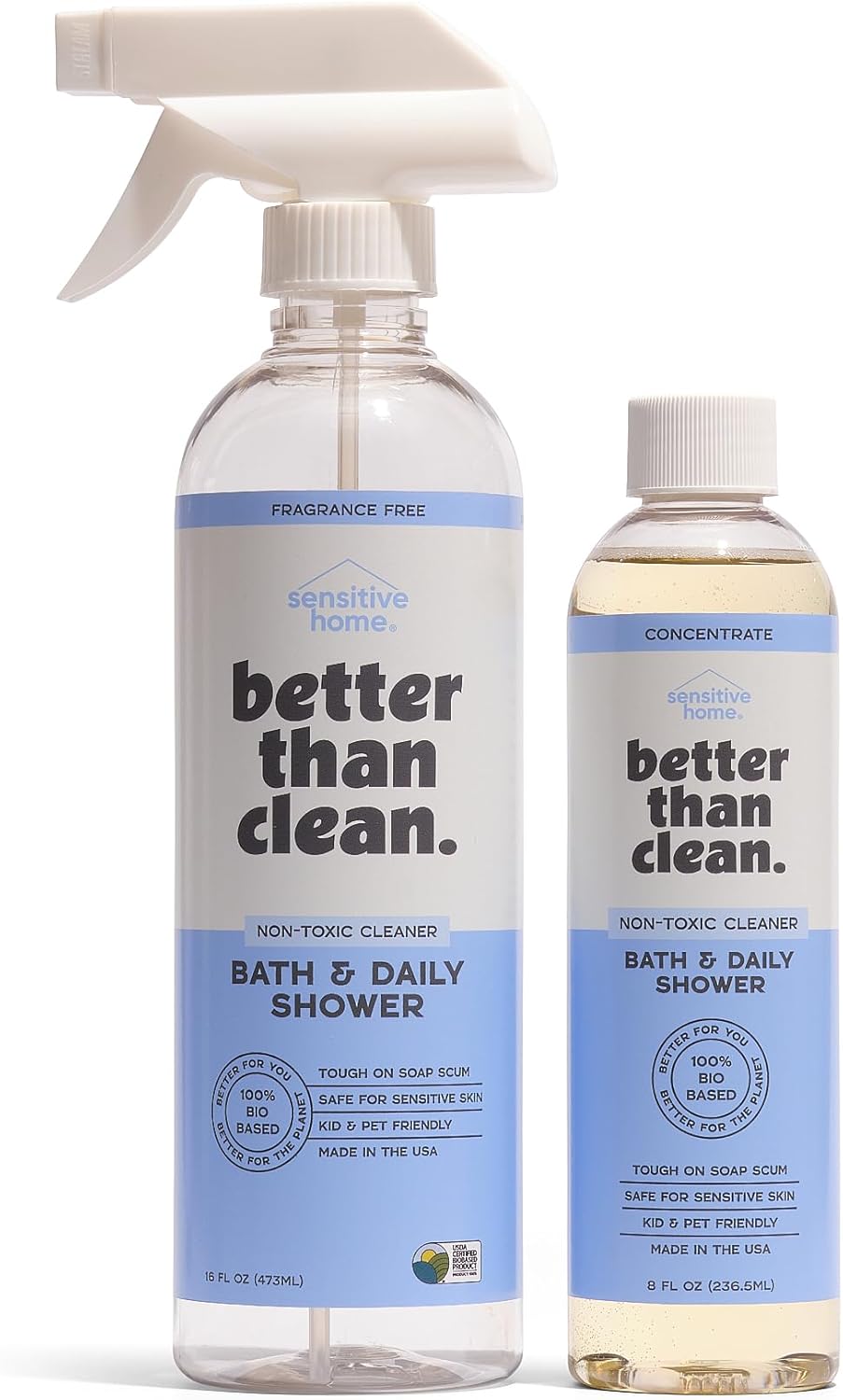 Better Than Clean™ Bath and Shower Cleaner Starter Pack – Fragrance Free, Plant-Based, Non-Toxic, Bathroom Cleaner with 8oz Concentrate & 16oz Empty Refillable Spray Bottle