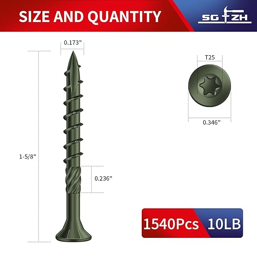 #8 x 1-5/8" Deck Screws (1540Pcs) 10lb. Carbon Steel, Green, Flat Head, Rust Resistant epoxy Coated, with T25 Star Bit