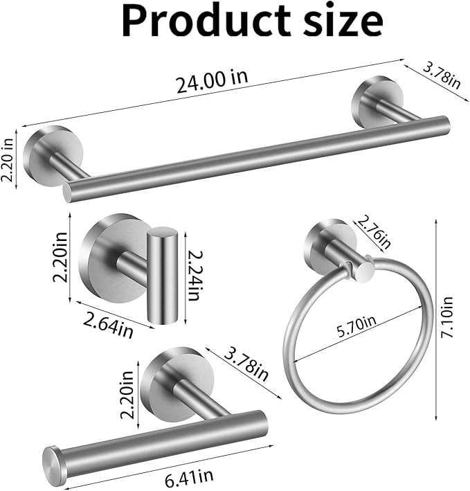 Bathroom Hardware Set Brushed Nickel, 24 Inch Towel Bar Set 10 Pieces Bathroom Accessories Set Includes Includes 2 Packs 24 Inch Towel Bar, Towel Ring, Toilet Holder and 4 Packs Towel Hooks