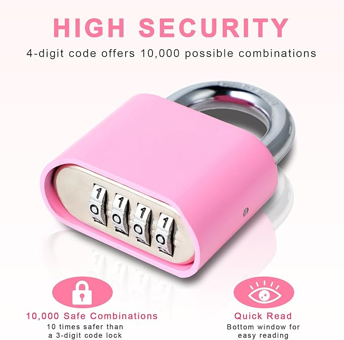 DELSWIN 4-Digit Combination Lock Outdoor Padlock - Heavy Duty Locker Lock with Hardened Steel Shackle, Waterproof Combo Lock for Gym Locker, Hasp Storage, Shed, Fence, Gate (Pink,1Pcs)