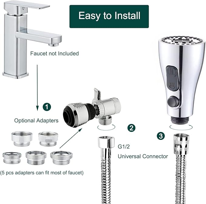 Kitchen Faucet Sink Sprayer Attachment Set,3 Modes Sink Sprayer Replacement Head with Stainless Steel Hose,Faucet Aerator and Brass Diverter Valve (5 pcs Adapter) for Washing Fruit,Dishes and Hair1