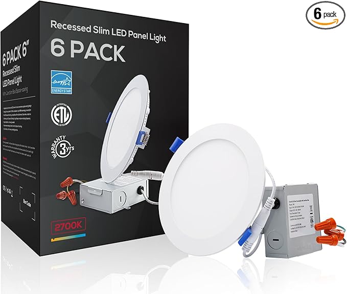 TORCHSTAR 6 Inch Slim LED Recessed Lighting with Junction Box, Dimmable 12W Ultra-Thin Recessed Light, 2700K Soft White, 1000LM Basic Series LED Downlight, ETL & Energy Star, Pack of 6