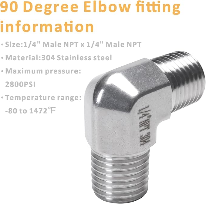 90 Degree Street Elbow - 1/4" NPT Male to 1/4" NPT Male Stainless Steel 304 Heavy Duty Forged Barstock Street Elbow Adapter Pipe Fitting (pack of 5)
