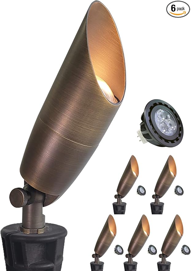 MALORY Solid Brass Landscape Spotlight 6-Pack with Bulb(S06), Low Voltage Front and Backyard Landscape Lighting with Large Rugged Slot Spike & Wire Connector,12V AC/DC Garden Patio Spot Up Light