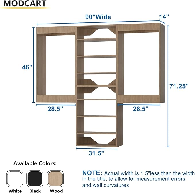 Modular Closet Organizer - 90" Wide Wood Tower with Hanging - Wall Mounted Wardrobe