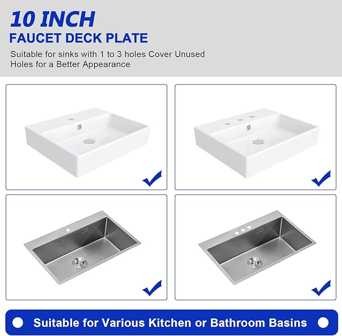 Faucet Deck Plate, Sink Hole Cover,Stainless Steel Long Rectangle 10 Inch Plate Escutcheon for 1 or 3 Hole Bathroom or Kitchen Sink Matte Black