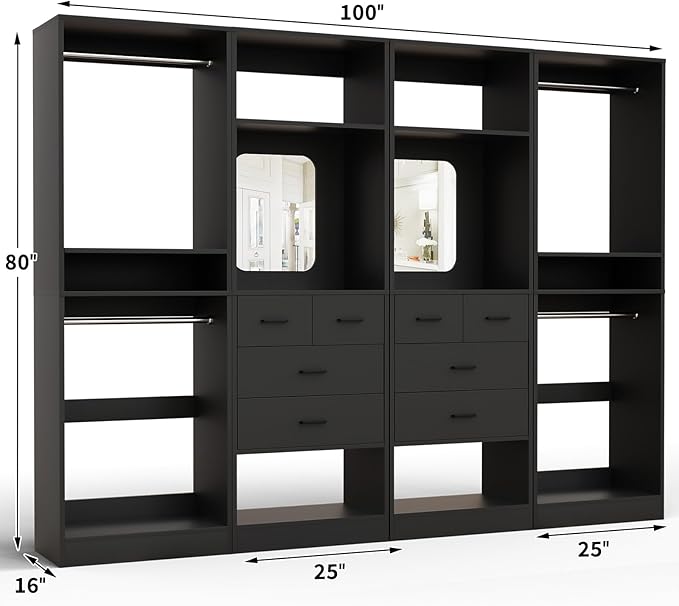 Unikito 100” Closet System with Drawers, 8.3FT Wood Closet Organizer with Hanging Rods and Mirror Design, Reversible Large Walk in Wardrobe Garment Rack with Shelves, Sturdy Closet Tower, Black