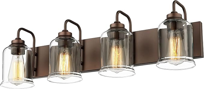 zeyu 28.5" Oil Rubbed Bronze Bathroom Light Fixtures, 4-Light Farmhouse Vanity Wall Lights with Clear Glass Shade, ZSL72B-4W ORB