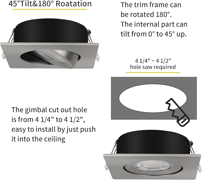 Brushed Nickel Recessed Lights Square 4 inch 6 Pack,Spot Recessed Lights,dimmable, 5CCT Selectable,9W 750LM
