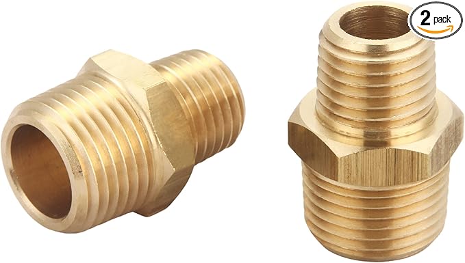 3/8 Inch NPT Male x 1/4 Inch NPT Male Solid Brass Reducing Hex Nipples, Brass Pipe Adapter Fittings Reducing Nipples Connector, 0.625" OD × 0.5" OD, (2 Piece)