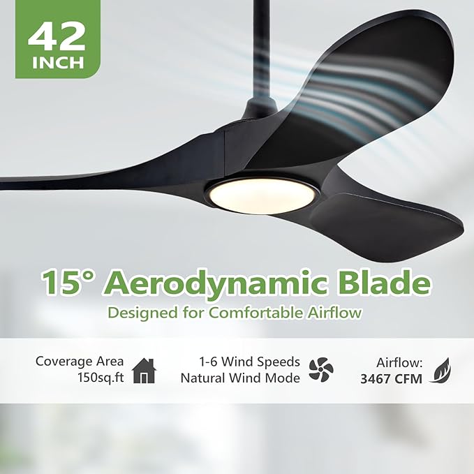 42-Inch Solid Wood Ceiling Fan with Lights, Remote Control, Dimmable, Reversible, Wood Blades, Power-Off Memory, Quiet DC Motor – Modern Black Ceiling Fan for Living Room, Bedroom, Patio