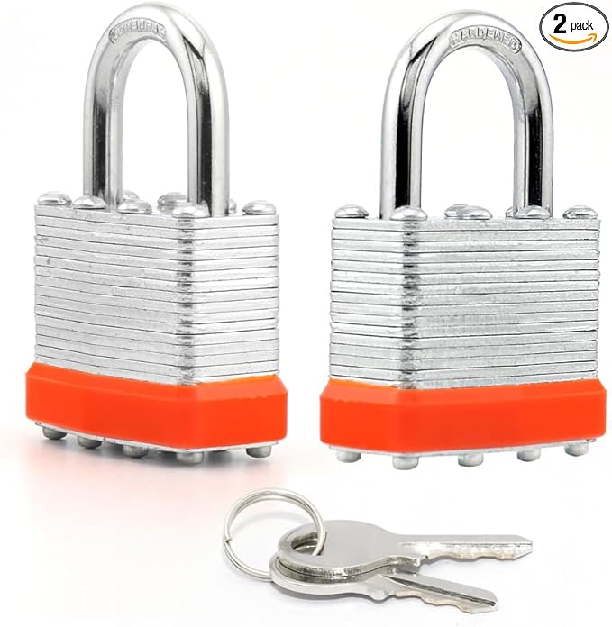 LanuBe Lock Laminated keyed Padlock (1-9/16", 40mm), keyed Alike Locks, Normal Shackle,Marked Orange Plastic Hoop, Pack of 2