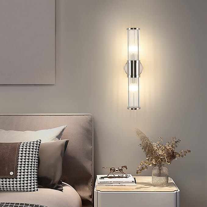 Brushed Nickel Bathroom Light Fixture, Industrial Up & Down Wall Vanity Sconce Indoor Farmhouse Glass Rods Bath Vanity Light Mirror Lighting Lamps Wall Mounted E12 Socket(Without Bulbs)
