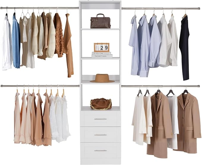 VEVOR Closet System with 3 Drawers, Adjustable Height Wooden Closet Organizers, Modern Walk-in Wardrobe Organization with 4 Retractable Clothes Hanger Rods, Freestanding Garment Rack Storage, White
