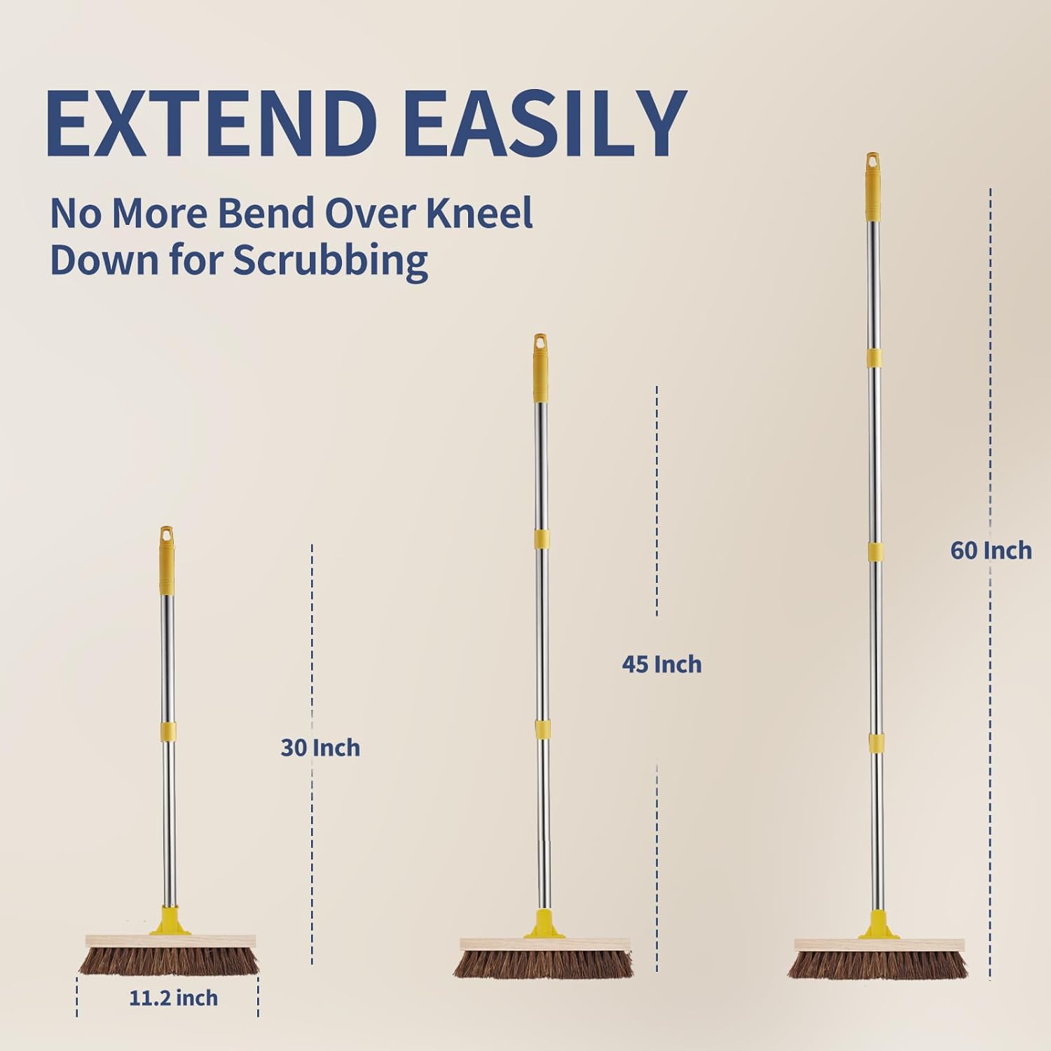 Floor Scrub Brush with Long Handle - 60" Heavy Duty Deck Brush with Stiff Natural Palmyra Bristle for Scrubbing, Outdoor Scrubber Brushes for Cleaning Concrete Floor, Garden, Patio, Shower