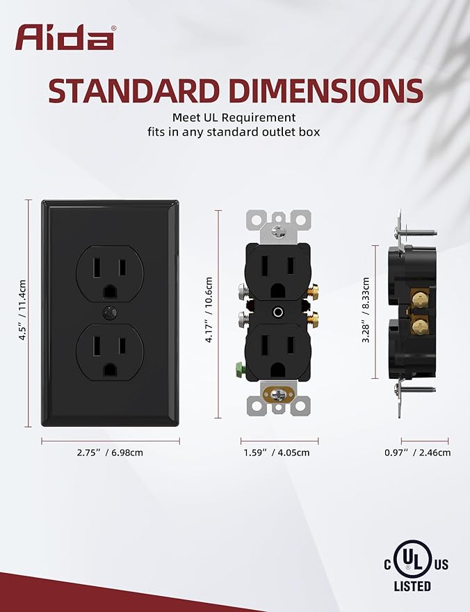 AIDA Outlet Duplex Receptacle with Wall Plate, Electrical Outlet Electrical Wall Outlet, 15 Amp Outlet 125V, Self-Grounding, 2-Pole, 3-Wire, 5-15R, UL Listed, 10 Pack, Black, Tamper Resistant