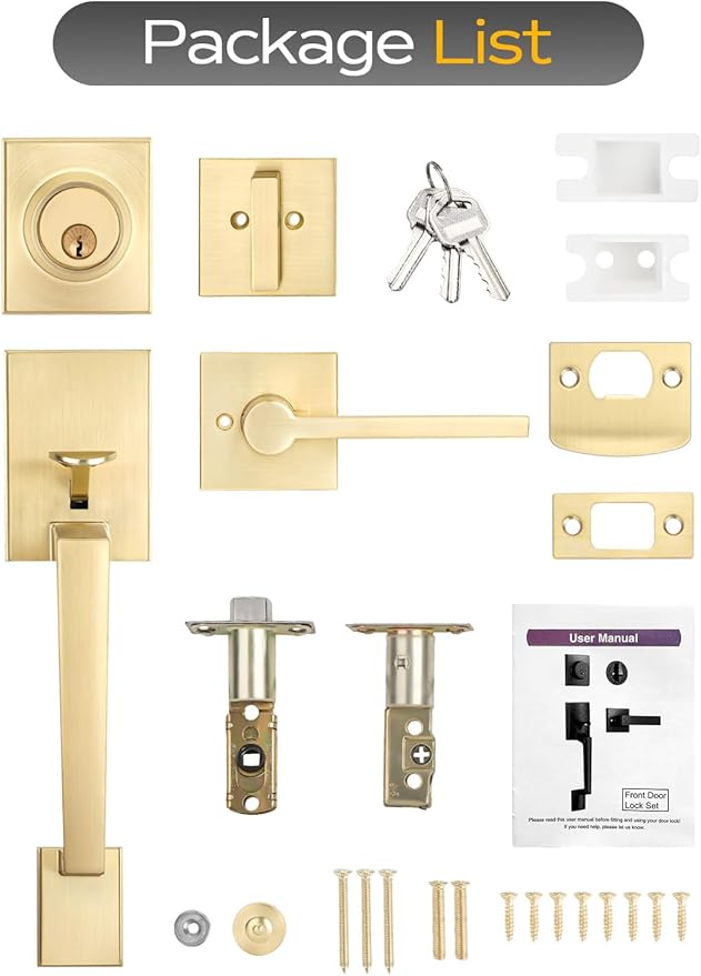 EHOMEWARE Gold Front Door Handle Set, Brass Heavy Duty Square Door Lever & Single Cylinder Deadbolt Combo Reversible for Entrance Exterior Doors 1 Set