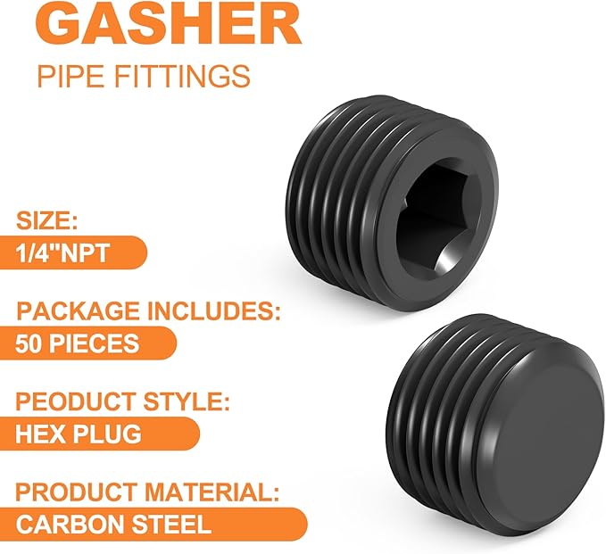 GASHER 50Pcs 1/4" NPT Carbon Steel Pipe Plug Fitting Internal Hex Thread Socket Pipe Plug