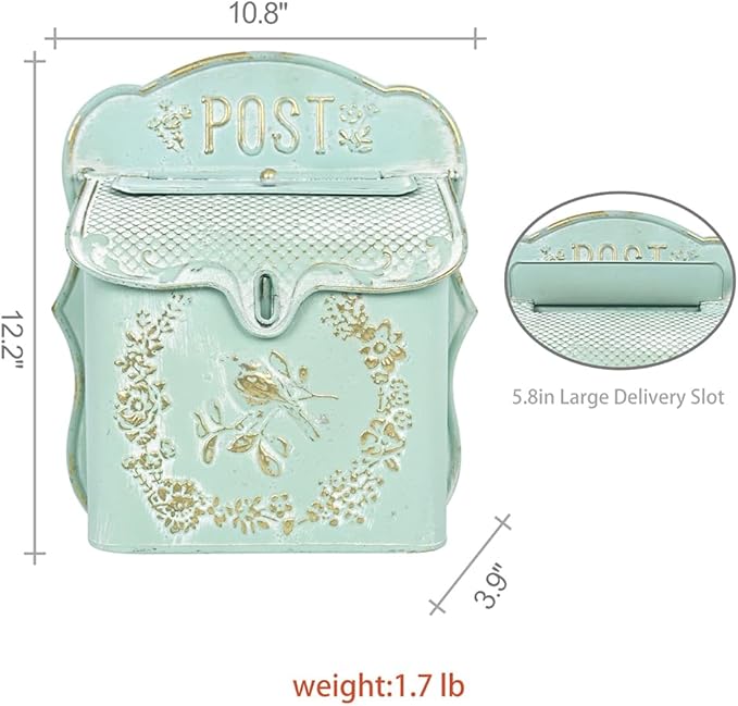 Mailbox Wall Mount Mailboxes for Outside Vintage Mail Boxes for House Outside Metal Drop Box Antique Style Nostalgic Charm Home Decorative, Bird Pattern, Green