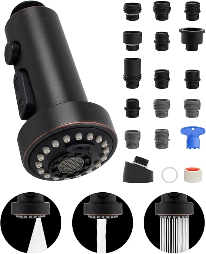 Hibbent Pull Down Kitchen Faucet Head Replacement, 3 Function Sink Faucet Sprayer Head Nozzle with 15 Adapters, Compatible with Moen, American Standard, Delta, Kohler Faucets,Oil Rubbed Bronze