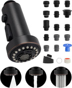 Hibbent Pull Down Kitchen Faucet Head Replacement, 3 Function Sink Faucet Sprayer Head Nozzle with 15 Adapters, Compatible with Moen, American Standard, Delta, Kohler Faucets,Oil Rubbed Bronze