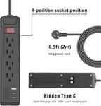 4-Outlet 6.5Ft Long Cord 2500W Power Strip Build-in Charging Cable and2 Type C (PD 23W) & USB (QC 3.0 5V3A) Fast Charging Ports Black