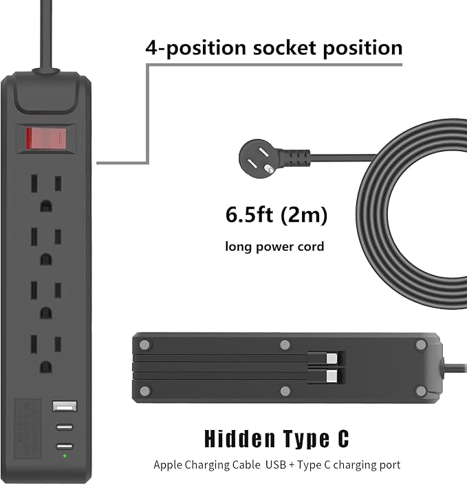 4-Outlet 6.5Ft Long Cord 2500W Power Strip Build-in Charging Cable and2 Type C (PD 23W) & USB (QC 3.0 5V3A) Fast Charging Ports Black