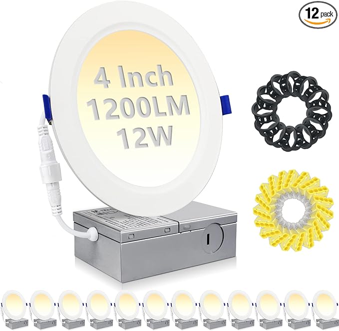 HiBay 12 Pack Canless LED Recessed Ceiling Lights 4 Inch, 1200LM 12W=150W, 3000K Warm White Wafer Downlights, Dimmable Ultra-Thin Recessed Can Lighting Fixtures - ETL and Energy Star Certified