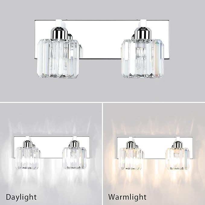 Aipsun Bathroom Vanity Lighting Fixtures Crystal Vanity Lights for Bathroom 2 Lights Stainless Steel Wall Lighting Fixtures(Exclude Bulb)