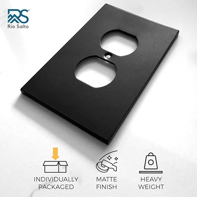 RIO SALTO Modern Metal Matte Black Wall Outlet Cover Outlet Cover Duplex or Light Switch Cover Plug Wall Plate Electric Outlet Covers Black Receptacle Electrical Switch Covers - Midsize 1 Gang