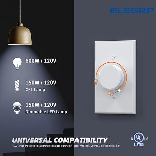 ELEGRP Digital Rotating Dimmer Switch for Dimmable LED, CFL and Incandescent Light Lamp Bulbs, Single Pole / 3-Way Rotary Dimmer Switch, Wall Plate Included, UL Listed (10 Pack, Matte White)