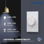 ELEGRP Digital Rotating Dimmer Switch for Dimmable LED, CFL and Incandescent Light Lamp Bulbs, Single Pole / 3-Way Rotary Dimmer Switch, Wall Plate Included, UL Listed (10 Pack, Matte White)