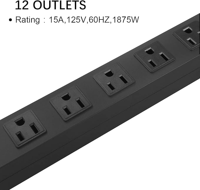 Metal Wall Mount Power Strip, Mountable Power Outlet with 12 AC Outlets, Aluminum Alloy Mount Power Socket with Switch, 6 FT SJT 3/C 14AWG Power Cord, 15A 125V 1875W (12AC) Black