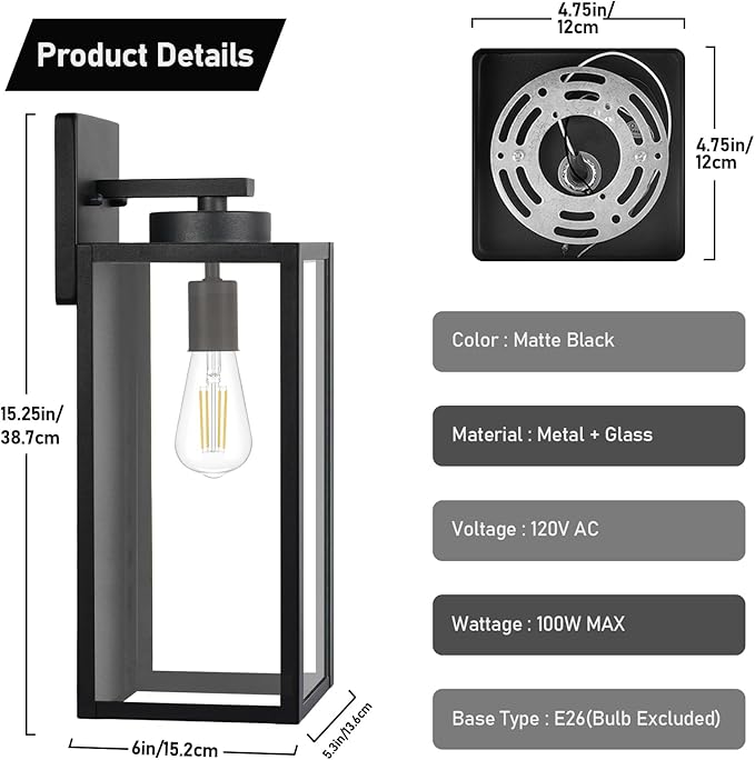 Large Size Outdoor Wall Light Fixtures, Exterior Lighting Fixtures Porch Sconces Wall Mounted, Waterproof Black Outdoor Wall Lanterns Lamps, Outside Lights for House Patio Front Door Entryway, 2-Pack