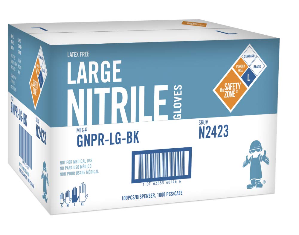 The Safety Zone GNPR-LG-BK Powder Free Black Nitrile Gloves, Large, Case of 1,000