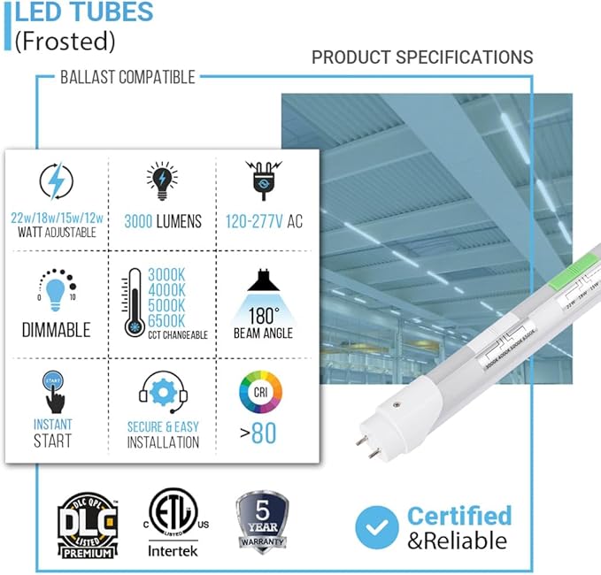 4FT T8 LED Tube Light, Type A+B, 12W/15W/18W/22W, 3000K | 4000K | 5000K | 6500K, Single and Double End Powered, Plug and Play or Ballast Bypass, 2860 Lumens, F32T8, 120-277V, Frosted Cover (4 Pack)