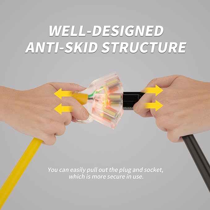 25 FT 12/3 Gauge Outdoor Extension Cord with Multiple Outlets Light Indicator, Flexible 3 Outlet Weatherproof Heavy Duty Extension Cord Waterproof Yellow, 15A 1875W 12AWG SJTW, ETL Listed