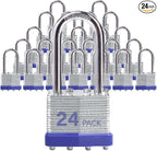 Laminated Steel Padlocks, 24 Pack, Blue, Keyed Alike, Long Shackle, for Hasp Latch, Sheds, Fences, Lockers, Schools, Gyms