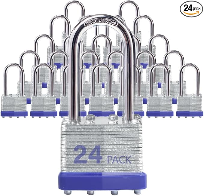 Laminated Steel Padlocks, 24 Pack, Blue, Keyed Alike, Long Shackle, for Hasp Latch, Sheds, Fences, Lockers, Schools, Gyms