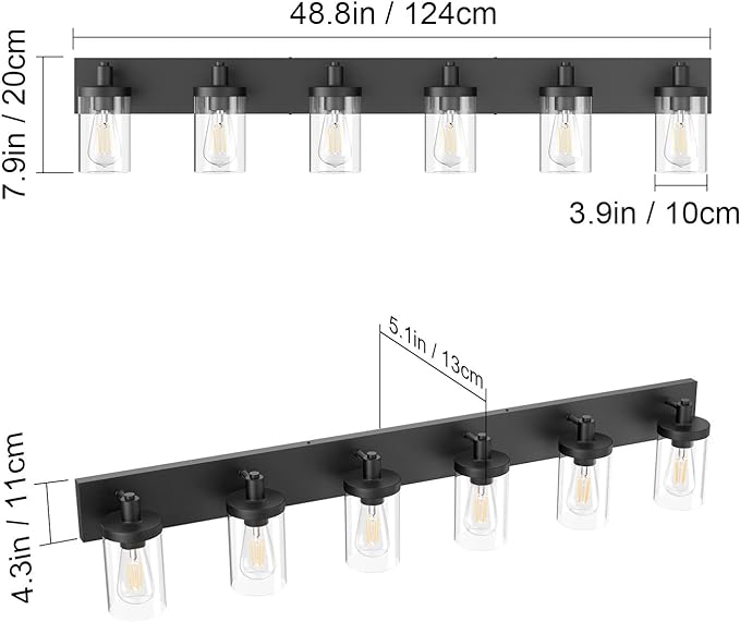 Aipsun 48in Vanity Light Black Bathroom Vanity Lighting Fixtures 6 Light Bathroom Light Fixtures with Clear Glass Shade(Exclude Bulb)