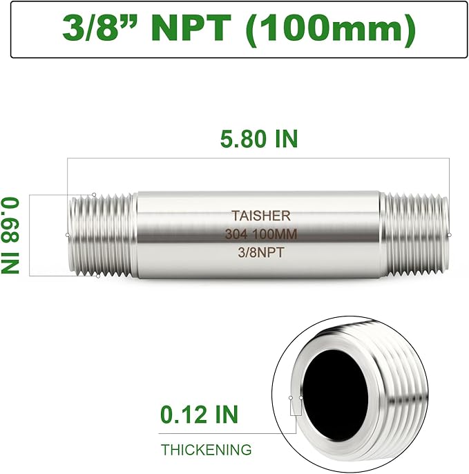 TAISHER 2PCS Stainless Steel Pipe Fittings, 3/8" NPT Male x 3/8" NPT Male Threaded, 4" Length Thickened Nipple Cast Pipe