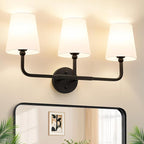 Bathroom Light Fixtures, 3-Light Matte Black Vanity Lights, Bathroom Lighting Fixtures Over Mirror with Flared White Fabric Shade, Modern Wall Sconces for Living Room Hallway
