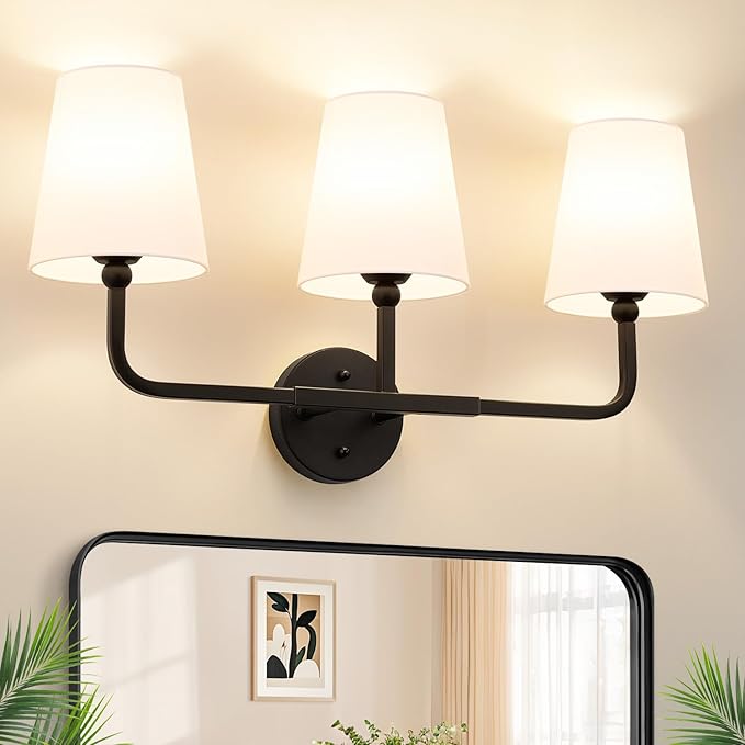 Bathroom Light Fixtures, 3-Light Matte Black Vanity Lights, Bathroom Lighting Fixtures Over Mirror with Flared White Fabric Shade, Modern Wall Sconces for Living Room Hallway