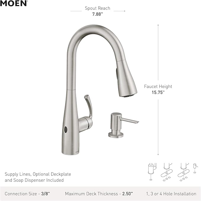 Moen Essie Matte Black MotionSense Wave One-Handle Touchless Kitchen Faucet with Pulldown Sprayer and Soap Dispenser, 87014EWBL