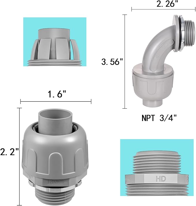 32 Pack 3/4 Inch Liquid Tight Connector NPT Non-Metallic PVC Electrical Flexible Conduit Fittings, UL Listed 16 Pack 90D and 16 Pack 180D