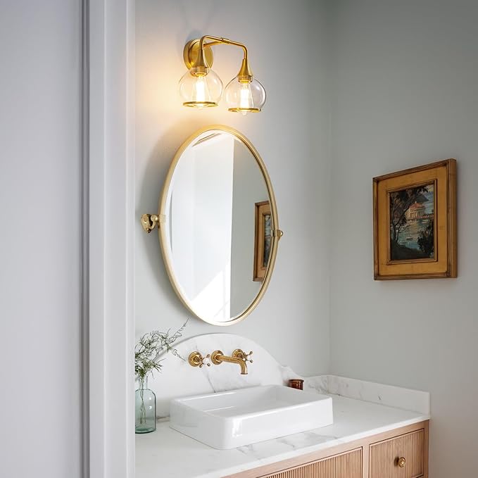 Gold Bathroom Light Fixtures 2-Lights Vanity Lights with Clear Glass Shade Bathroom Vanity Light 14 Inch Wall Sconces(Exclude E26 Bulb)…