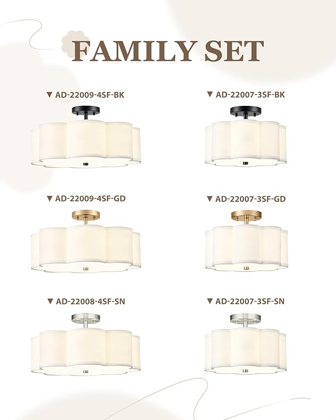 Semi Flush Mount Ceiling Lights, 4-Light 18" Ceiling Light Fixtures with Fabric Shade in Flower Shape, Brushed Nickel Farmhouse Drum Lighting for Nursery Bedroom Kitchen, AD-22009-4SF-SN