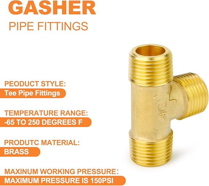 GASHER 2PCS Brass Male Tee Pipe Fitting T Adapter, 3 Way Brass Fitting 3/8" x 3/8" x 3/8" NPT T Fitting