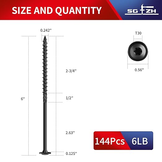 #14 x 6 Inch Lag Screws (144Pcs) 6lb. Structural Wood Screw, Black, Carbon Steel, Washer Head, Rust Resistant epoxy Coated, T30 Star Bit